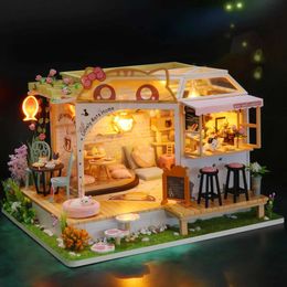 Blocks Doll House Cat Cafe Mini DIY Kit for making room toys home bedroom decorations with furniture wooden Cr H240523