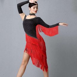 Louiseviution Dres Stage Wear Professional Latin Dance Dress with Fringe Women's Ballroom Competition Sexig oregelbunden Rhinestone Tassel Zimmerman Dress 476