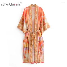 Boho Queens Vintage Chic Fashion Women Floral Print Bat Sleeve Bohemian Kimono Ladies V Neck Summer Beach Robe Bikini Cover-ups