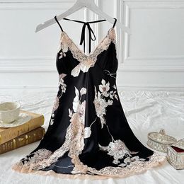 Women's Sleepwear Black Printed Casual Home Clothes Nightgown Sexy Lace Edge Slit Suspender Chemise Nightdress Female Lingerie Nightwear