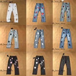 chromess pant Designer Jeans Mens Pants Designer Clothing Jeans Sanskrit Washed Into Old Straight Jean Hearts Splashink Crucifix Applique For chrome hesrts 277