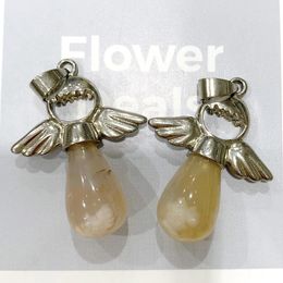 Decorative Figurines 37mm Natural Healing Stones Flower Agate Angel Carving For Making Necklace And Art Furnishing Articles