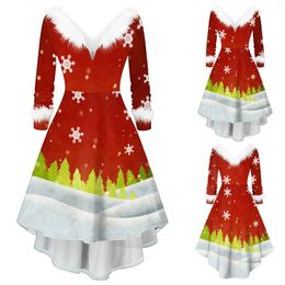 Casual Dresses Womens Christmas Sweatershirts Long Sleeve Snowflake Printed Faux-Plush V Neck Oversized Asymmetrical Party Dress