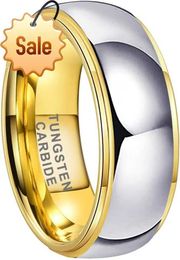 TUTISS 6mm 8mm Gold Tungsten Rings for Men Women Couple Fashion Jewellery Engagement Wedding Bands Domed Stepped Edges Polished Shiny Comfort Fit