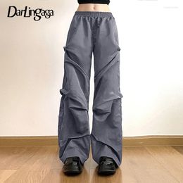 Women's Pants Casual Folds Baggy Female Straight Leg Draped Streetwear Tech Sporty Trousers Harajuku Elastic Waist Design