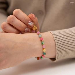 Link Bracelets 2024 Ins Cute Colorful Stone Beaded Bracelet For Women Girls Fashion Summer Vacation Jewelry Green Pink Orange