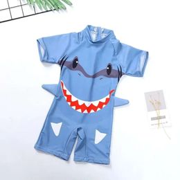 Baby Boys One-piece Swimsuit Cartoon Short Sleeve Shark Swimwear Little Boy Hot Spring Suit With Free Swimming Cap L2405
