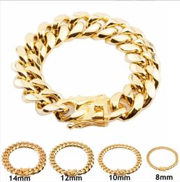 8mm/10mm/12mm/14mm/16mm/18mm Mens 18K Gold Plated Stainless Steel Bracelets High Polished Miami Cuban Link Punk Curb Gold Bracelets