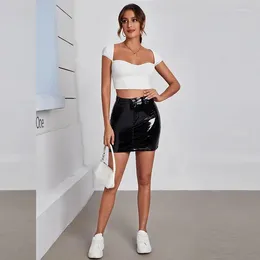 Skirts Women's Faux Latex Shiny Black Mini Skirt High Waist Button Package Hip Leather A-line Sexy Casual Custom