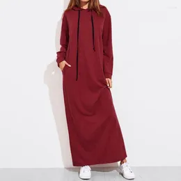 Casual Dresses Pure Colour Simple Matching Long Dress 2024 Autumn And Winter Women's Long-Sleeved Drawstring Hooded Hoodie Pocket