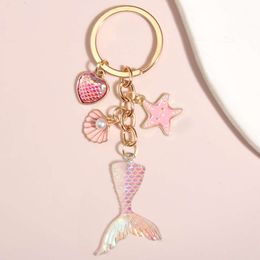 Cute Sea Keychain Starfish Shell Conch Heart Ring Mermaid Tail Key Chains Summer Gifts For Women Men DIY Handmade Jewelry