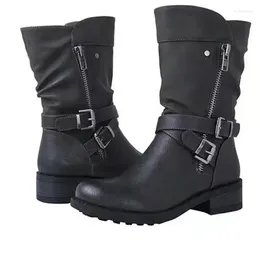 Boots Shoes Women's Leather Retro Belt Buckle Mid Calf Round Toe 2024 Water Proof Casual Women Botas De Mujer