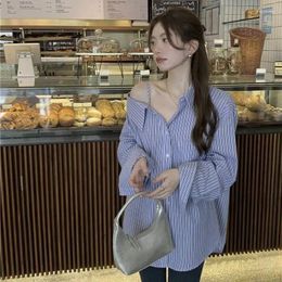 Women's Polos Striped Shoulder Thin Shirt Coat 2024 Spring Loose Slimming Mid-length Long Sleeve Top
