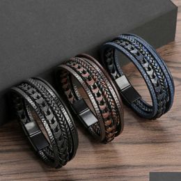 Bangle Hand Woven Leather 19/21/23Cm Mti-Layer Rope Bead Buckle Mens Jewelry Gift Punk Bracelet Q240522 Drop Delivery Bracelets Dhmoq