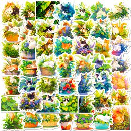 50PCS The Mint Cat Sticker Green Plants DIY Graffiti Decorative Stickers Cartoon Kawaii Flower Basket Kitten Decals Luggage Guitar Notebook Pad Phone Stickers