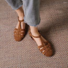 Casual Shoes Woman Summer Sandals Women Retro Flat Cow Leather Gladiator Sandalias Elegant French Style Zapatos Mujer