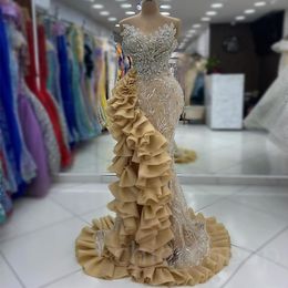 2024 Aso Ebi Gold Mermaid Prom Dress Beaded Crystals Luxurious Evening Formal Party Second Reception 50th Birthday Engagement Thanksgiving Gowns Dresses ZJ101