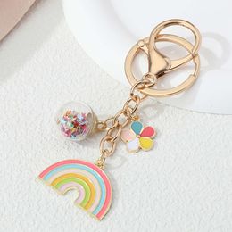 Lovely Enamel Keychains Colorful Rainbow Flowers Glass Ball Key Rings For Women Girl Friendship Gift Handbag Accessories Jewelry