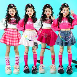 Girls Hip Hop Crop Top Cargo Pants Child Sweatshirt Plaid Skirt Kid Streetwear Jazz Cheerleader Street Dance Costume Clothes Set L2405