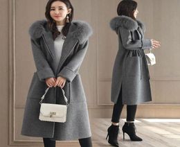 Women039s Wool Blends 2021 Fashion Solid Women Long Woollen Coat Slim Zippers Jacket Pockets Fur Collar Blue Cashmere And2678766