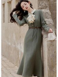 Casual Dresses French Fashion Woollen Vestidos Thickening Women Fall Ruffle Lapel Chic Retro For Winter Korean OL Dress With Belt