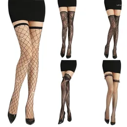 Women Socks Sexy Fishnet Thigh High Stockings Glitter For Rhinestone Floral Lace Jacquard Patterned Sheer Mesh Over Knee Long