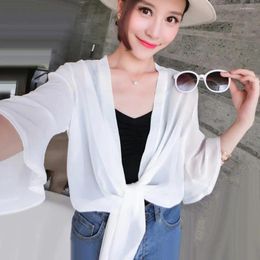 Women's Blouses Women Solid Colour Open Front 3/4 Sleeve Anti-UV Coverup Blouse Sheer Shrug Thin Cardigan Loose& Style Summer Beach