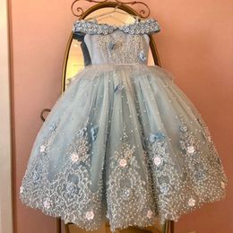 Light Sky Blue Pearls Flower Girl Dresses For Wedding Party Ball Gowns Floor Length Tulle First Communion Dress 325M