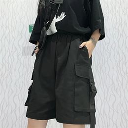 Xpqbb Gothic Black Cargo Shorts Women Summer Streetwear Couple Wide Leg Shorts Woman Harajuku Big Pockets Knee Length Pants 4Xl 240523