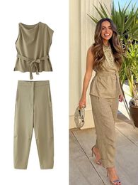 Women's Two Piece Pants ZBZA Commuter Style Fashion Set Linen Blend Belt Trimmed Asymmetric Round Neck Top Pyjama Mid Waist Trousers