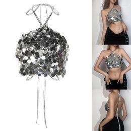 Women's Tanks Women Summer Sexy Halter Tie Backless Camisole Glitter Silver Sequins Sleeveless Crop Top Bandeau Vest Clubwear