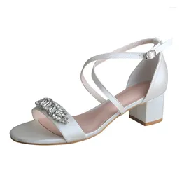 Sandals Lure Customised Bridal Block Heels For Women Ivory Satin Summer Wedding Shoes With Crystal Ornaments 5CM
