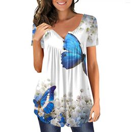 Women's T Shirts Fashion V-neck Button Tunic Top Loose Casual Trend Versatile Short Sleeved Y2k Tops Autumn Butterfly Print Shirt For Women