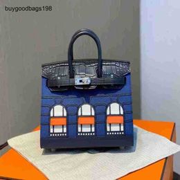 BK Tote Bag Bags Handmade Wax Thread Sewing Bk20cm Crocodile Skin Assembly House Midnight Blue Silver Buckle Handbag Palm Leather rj