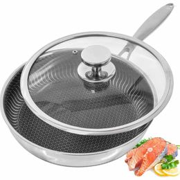 Pans Frying With Glass Lid 26/28cm Stainless Steel Honeycomb Skillet Handle Induction Cooking Fry Pan For All Stove