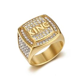 Hip Hop Iced Out Bling Big Letter King Ring Male Gold Color Stainless Steel Square Rings For Men Party Jewelry High Quality 240522