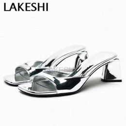 Dress Shoes LAKESHI Patent Leather Sexy High Heels Women Mules Silver Golden Summer Fashion Lady Block Heeled Sandals Female Slip-On Slides H240527 PATW