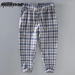 Men's Pants Linen For Men Harajuku Vintage Plaid Summer Daily Causal Nine Point Drawstring Elastic Waist Pencil