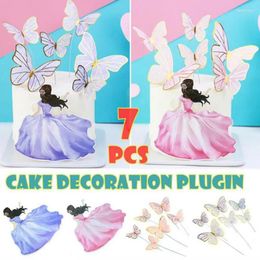 Party Supplies 7Pcs Girl Butterflies Cake Toppers Flags Gold Foil Birthday Baking Decor Beauty Butterfly Bronzing Plugin Decoration