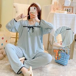 2-Piece Monthly Clothing Spring And Summer Large Size Milk Cotton Maternity Nursing Pajamas Home Wear Long-Sleeved Suit 240523