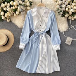 Casual Dresses Vintage Women's Dress Patchwork Striped Long Sleeve Lace-up Female Fashion Tide Vestidos 2024 Spring Autumn