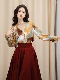 Work Dresses French Retro Style Two Piece Set For Women Satin Oil Painting Print Design Sense Lace-up Blouse Red Vintage Umbrella Skirt Suit