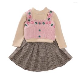 Clothing Sets Girls Long-sleeved T-shirt Floral Knitted Vest Plaid Pleated Skirt 3 Piece Clothes Infant Baby Trend 1-8Y