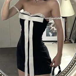 Casual Dresses Vintage Off Shoulder Stripe Dress Women Lace Bow Patchwork Elegant Slim Backless Sexy Mini Evening Party Club Vestidos