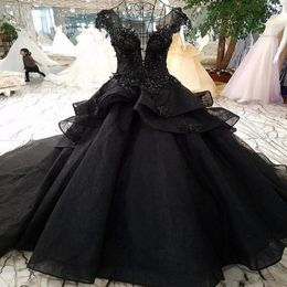 Black Ball Gown Wedding Dress 2021 Gothic Court Bridal Gowns Lace Up Pricness Long Train Beaded Cap Sleeves Wedding Gowns 277E