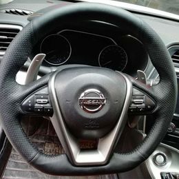 100% Fit For Nissan Lannia 2015-2020 Maxima 2016-2020 car Interior DIY Hand-stitched black ultrathin nonslip wear resistant Genuine Leather car steering wheel cover