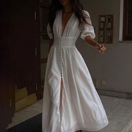 Women Summer Sexy Deep V-Neck High Waist Long Dress White Colour Half Sleeve Split Boho Maxi Dress Vestidos 240523