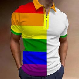 Rainbow Polo Shirt For Men Colourful Print Golf Top Tee Fashion Casual High Quality Zip Polo T-Shirt Loose Oversized Men Clothing 240510