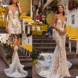 Berta Dresses Sexy Illusion Neck Lace Appliqued Sweep Train Wedding Dress Bridal Gowns Robes