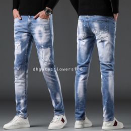 Men's Jeans 2024 New Slim Refreshing Light Blue Denim Heavy Craft Throw Hip-hop Personalised Street-style Men's Pants